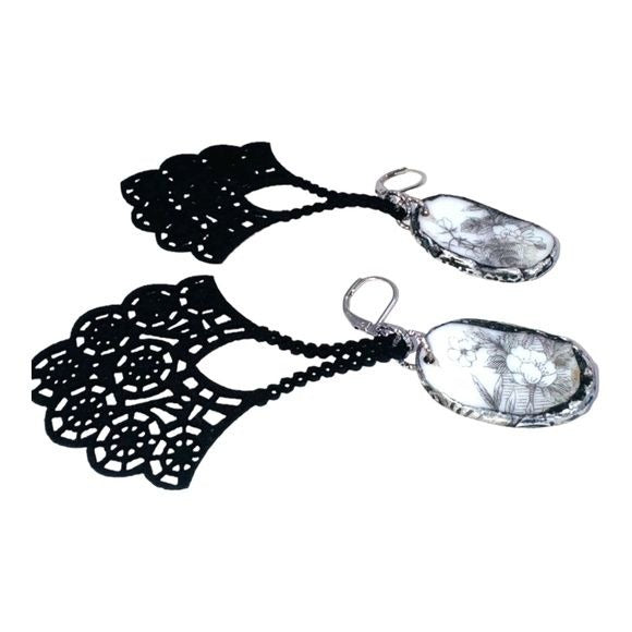 Broken China Filigree Earrings With Artisan Silverware
