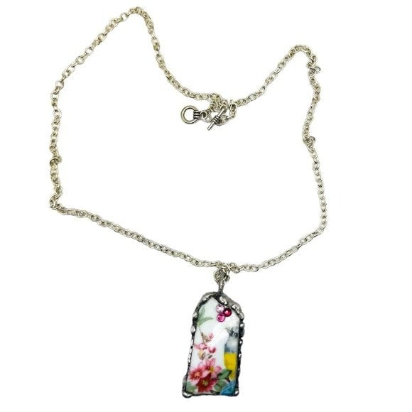 Broken China Pendant Gouldian Finch, Swarovski Crystals With Hand Solder