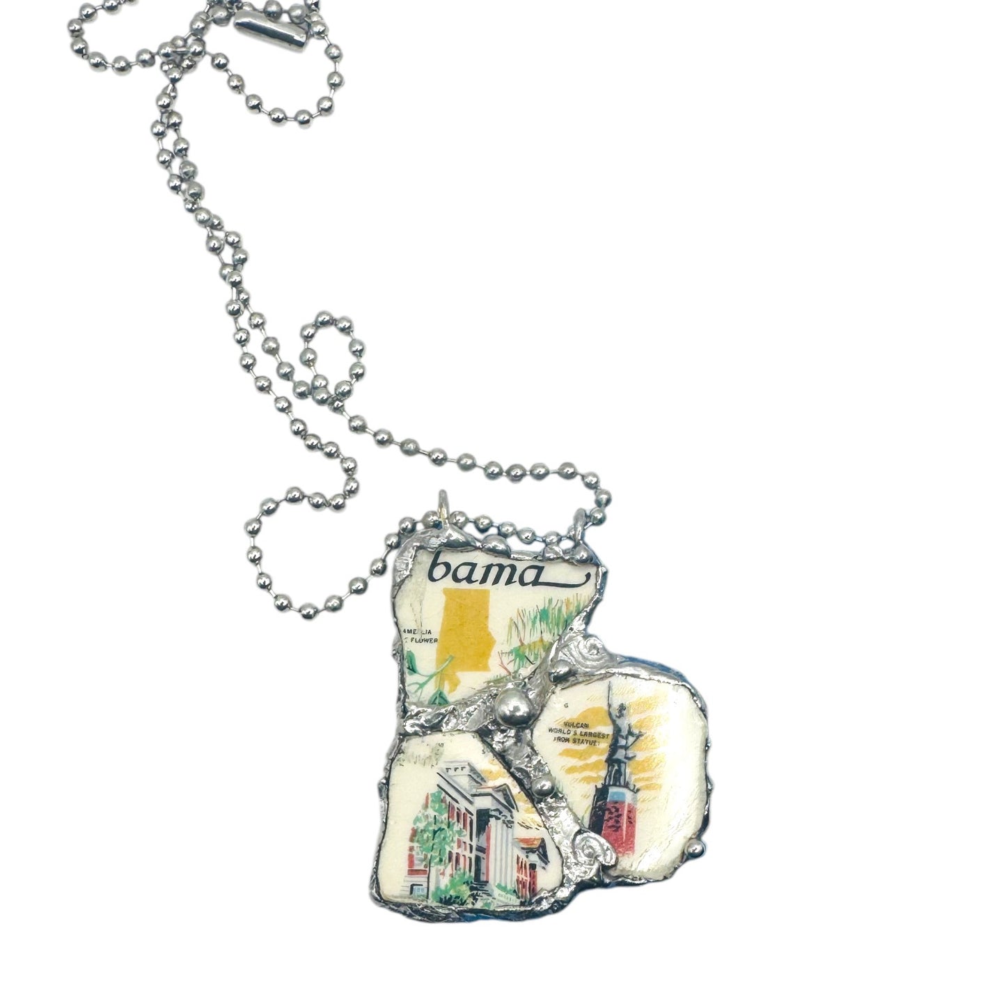 Broken China Pendant Alabama State Commemorative Plate with Brutalist Metalwork Bezel
