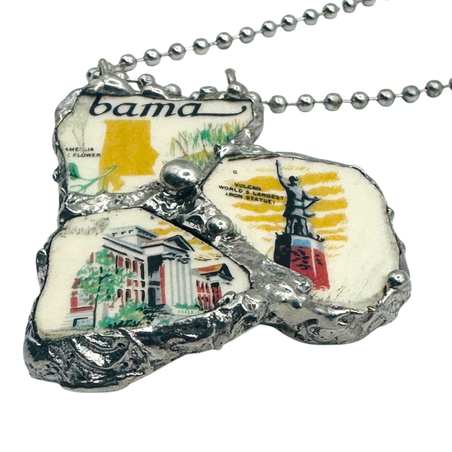 Broken China Pendant Alabama State Commemorative Plate with Brutalist Metalwork Bezel