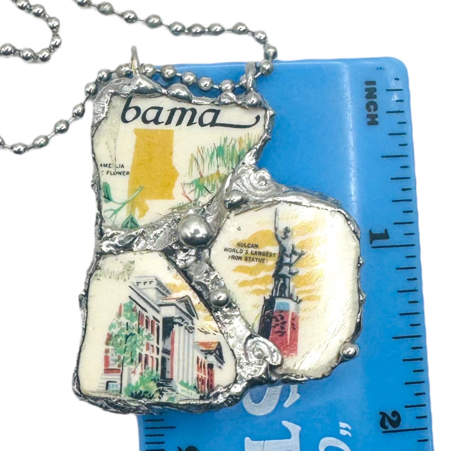 Broken China Pendant Alabama State Commemorative Plate with Brutalist Metalwork Bezel