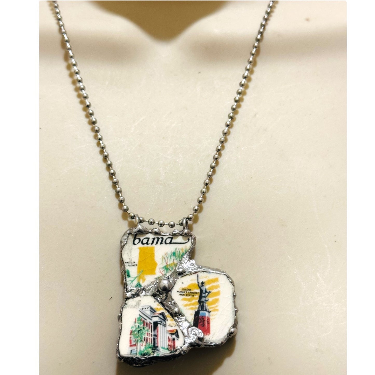 Broken China Pendant Alabama State Commemorative Plate with Brutalist Metalwork Bezel