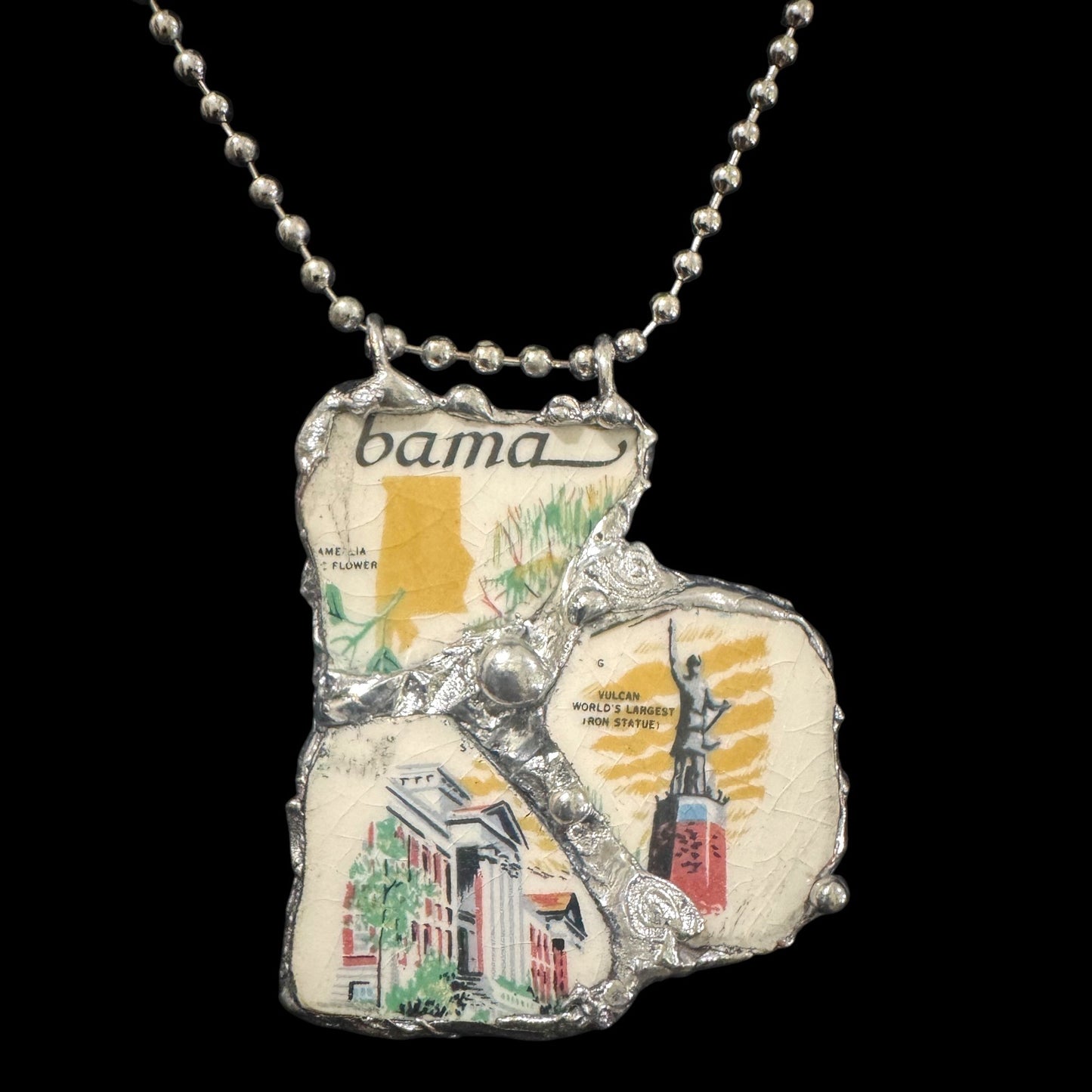 Broken China Pendant Alabama State Commemorative Plate with Brutalist Metalwork Bezel