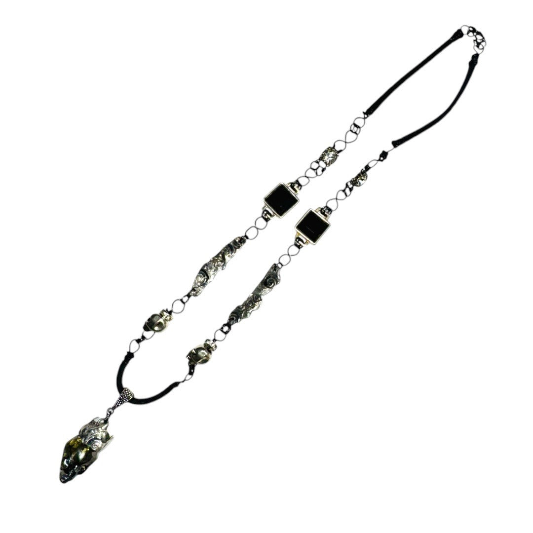 Crystal Skull Pendant w MCM Black Onyx & Intricate Silver Blend Metalwork