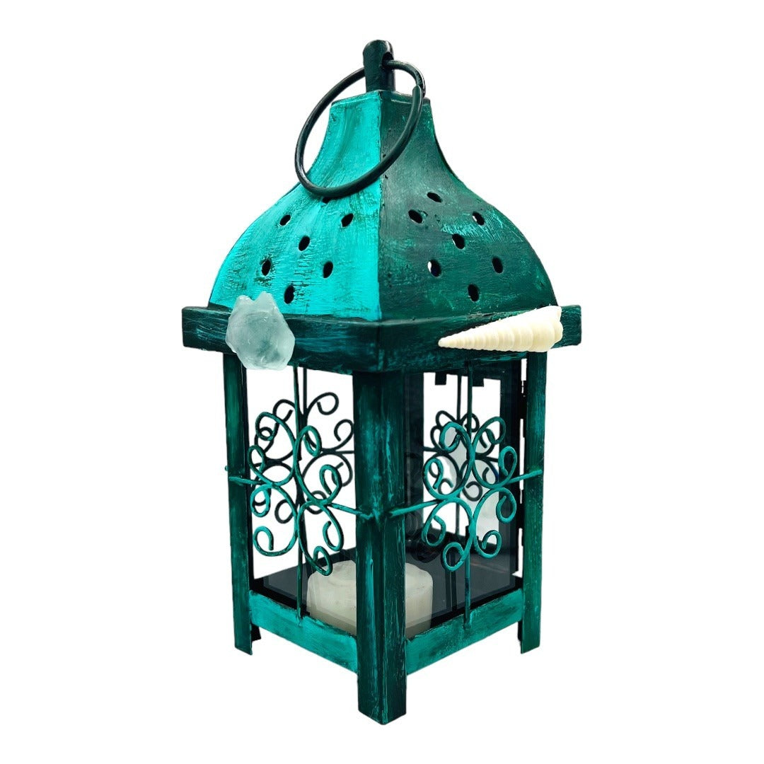 Upcycled Metal Lantern with Sea Glass & Conch, Hand-Painted