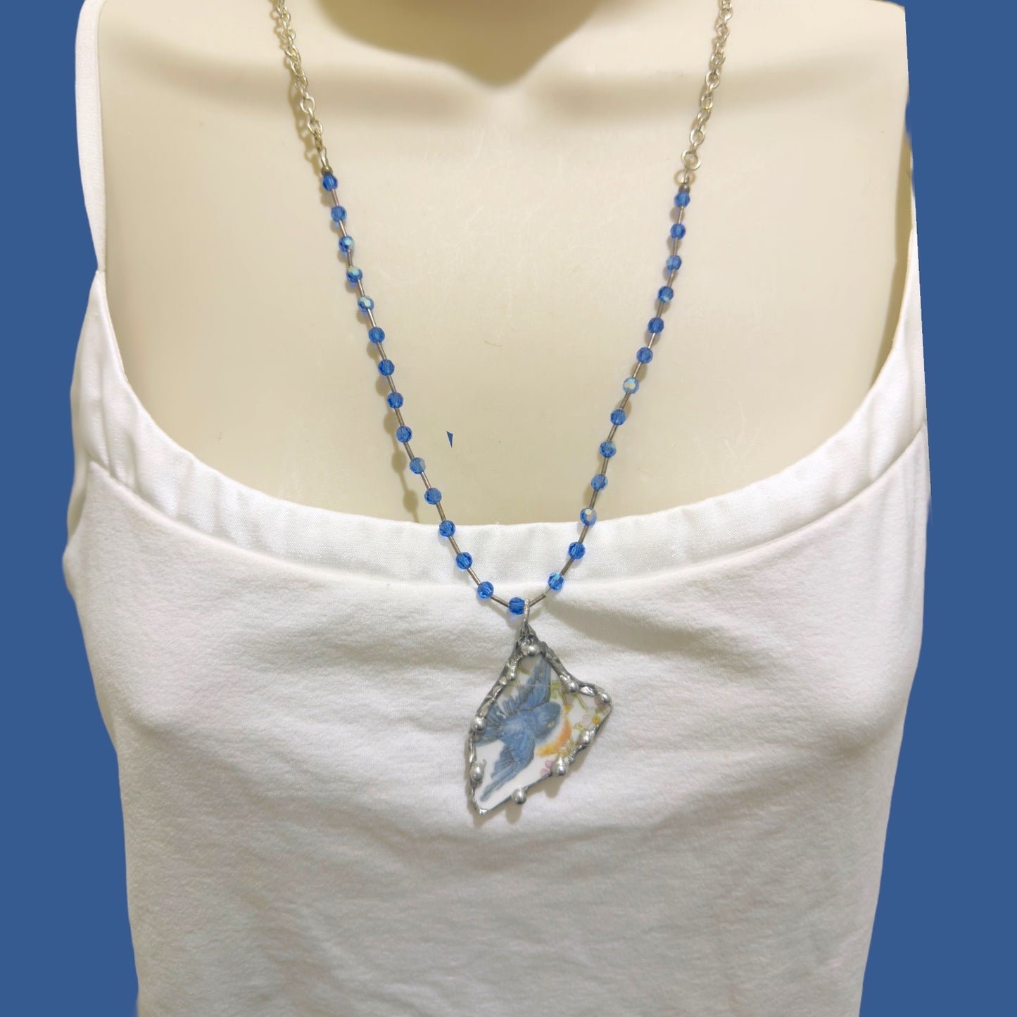 Blue Bird Broken China Pendant Silver Blend Metalwork Vintage Crystal Necklace