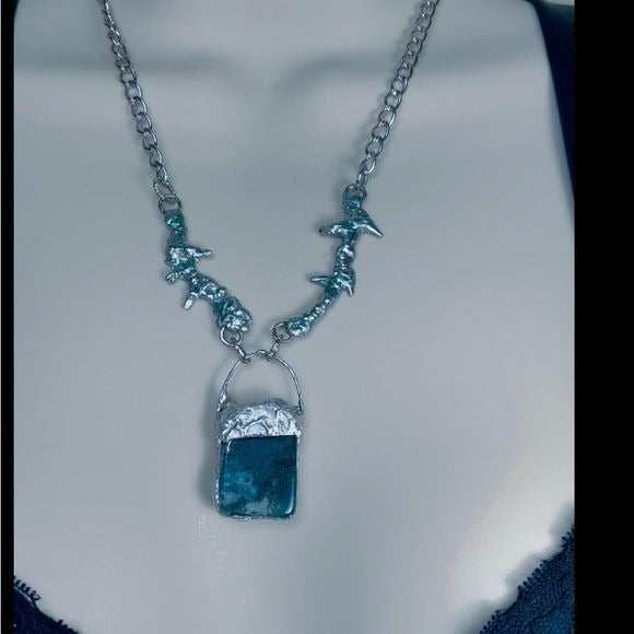 Natural Free Form Moss Agate Pendant & Brutalist Silver-Blend Metalwork Thorn Necklace