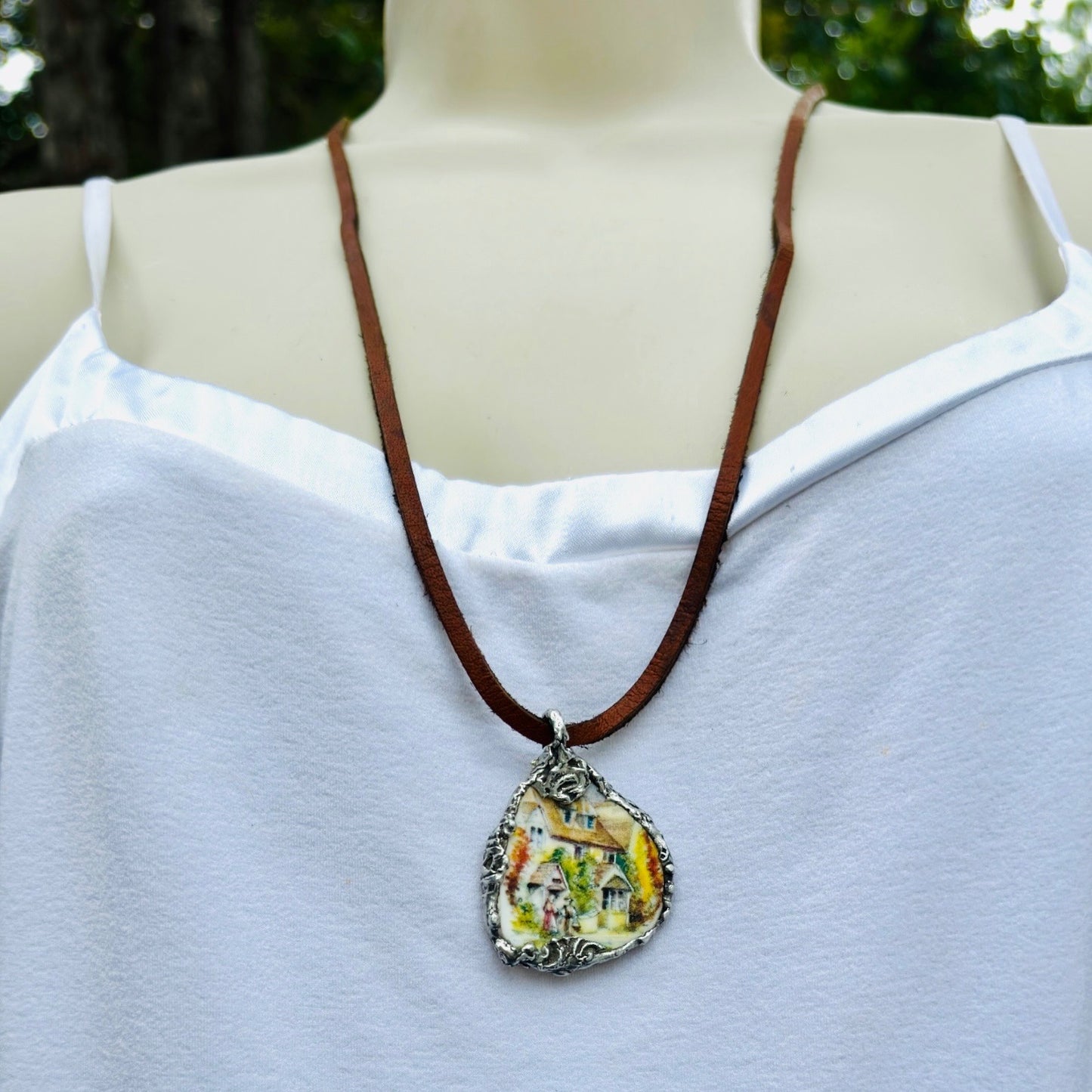 Artisan Necklace Featuring Royal Stuart Broken China Encased in Silver Blend Metalwork