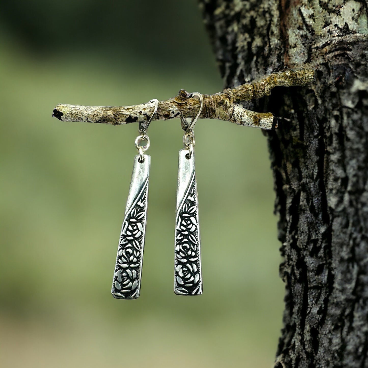 Stainless Steel Spoon Dangle Earrings Antique Roses