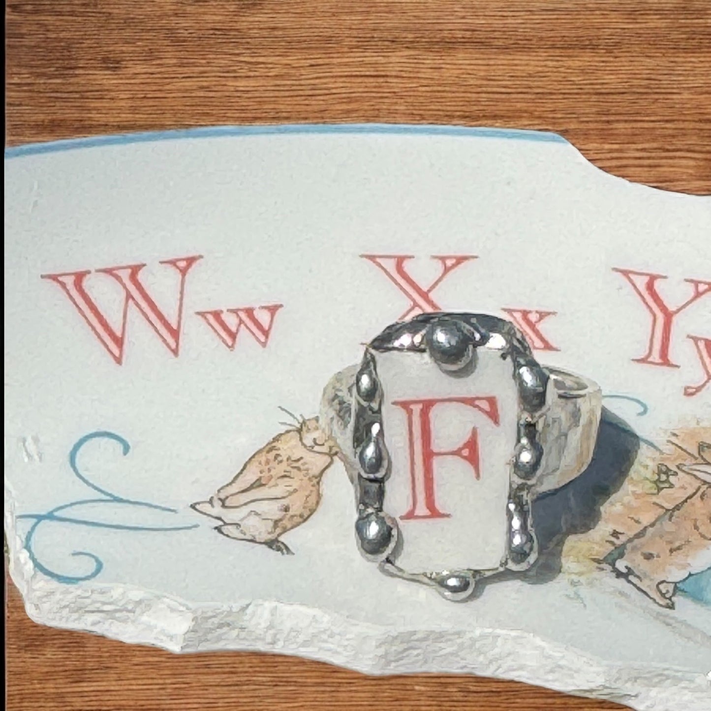 Peter Rabbit Alphabet Broken China Ring & 1847 Rogers Bro 3X SP Spoon Handle Sz 7