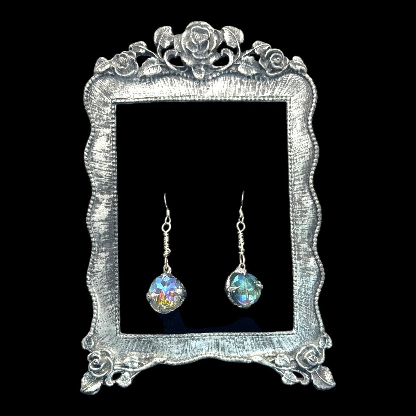 Artisan Crafted Aurora Borealis Crystal Dangle Earrings With Silver Blend Metalwork