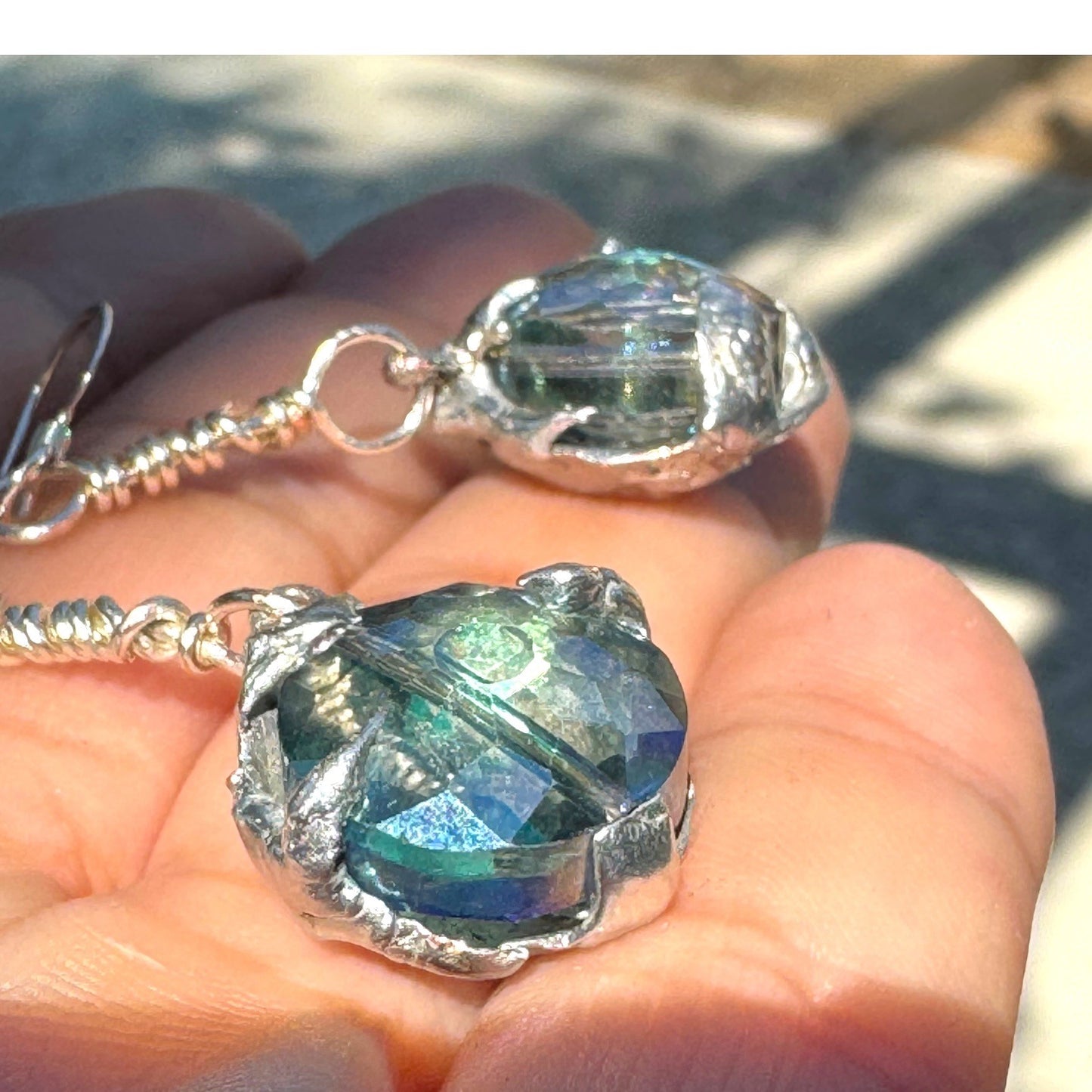 Artisan Crafted Aurora Borealis Crystal Dangle Earrings With Silver Blend Metalwork