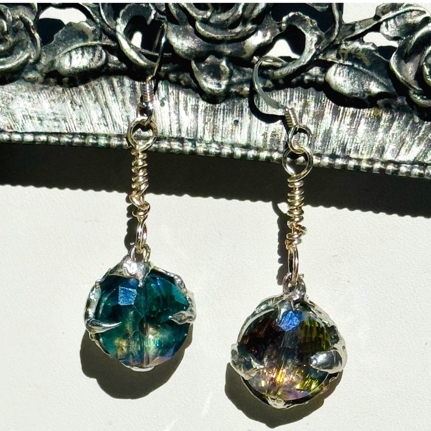 Artisan Crafted Aurora Borealis Crystal Dangle Earrings With Silver Blend Metalwork