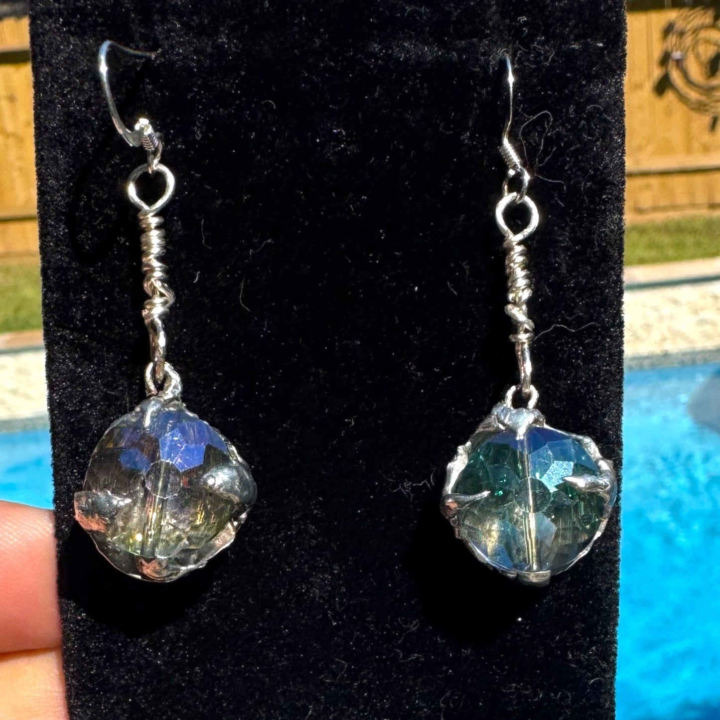 Artisan Crafted Aurora Borealis Crystal Dangle Earrings With Silver Blend Metalwork