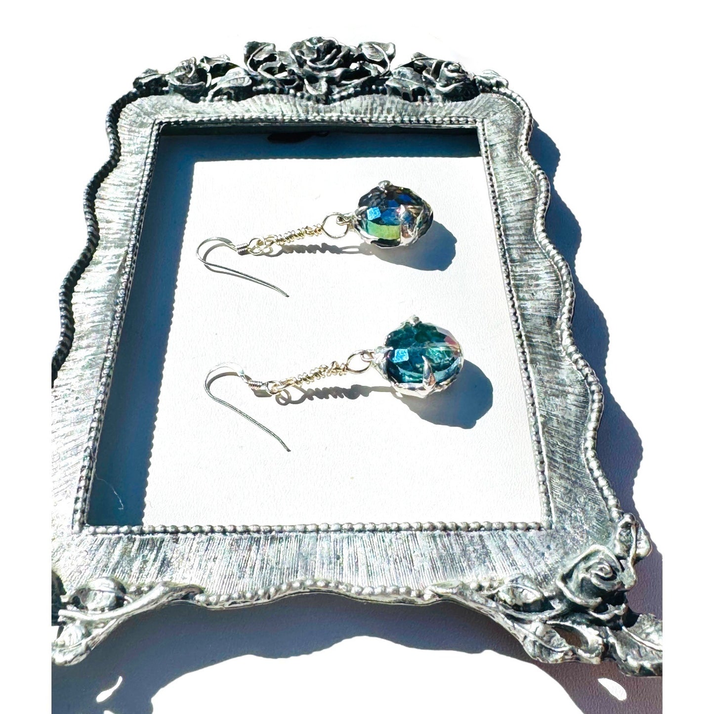 Artisan Crafted Aurora Borealis Crystal Dangle Earrings With Silver Blend Metalwork