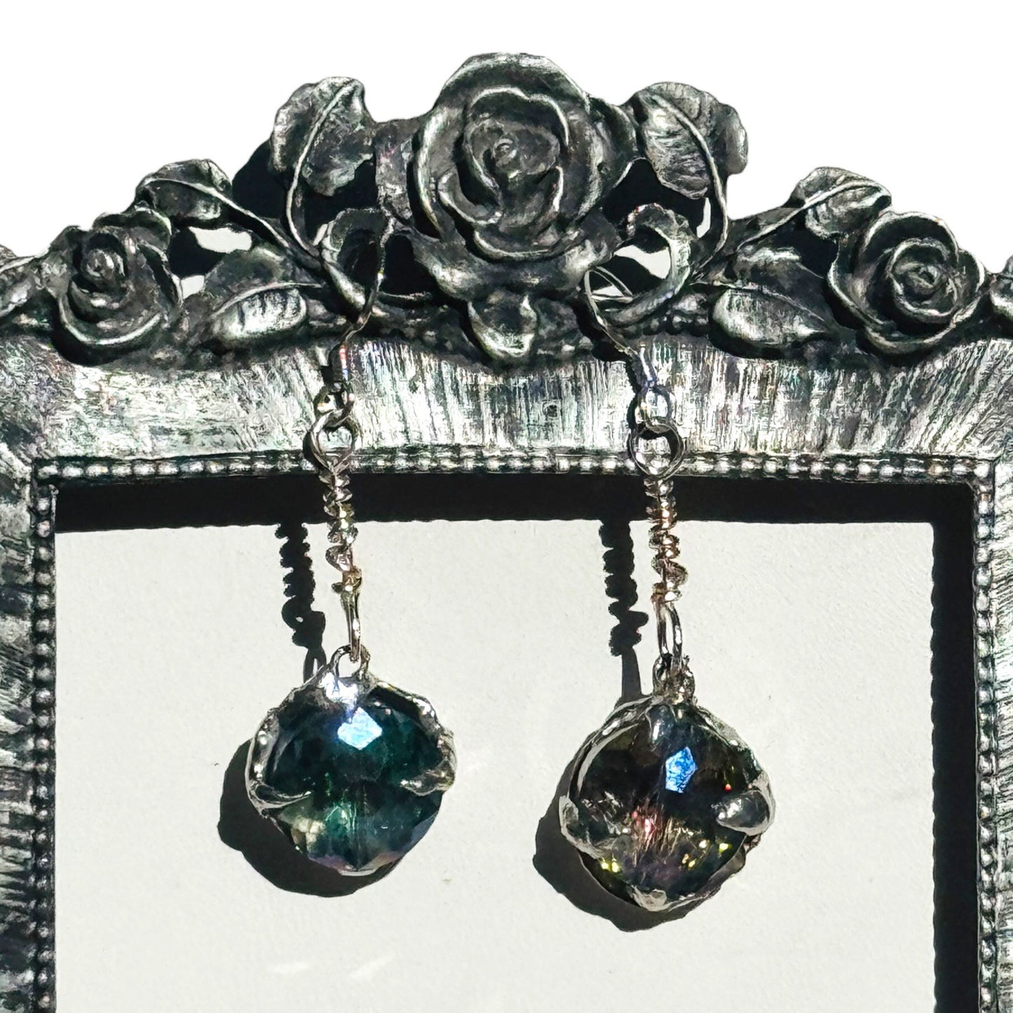Artisan Crafted Aurora Borealis Crystal Dangle Earrings With Silver Blend Metalwork