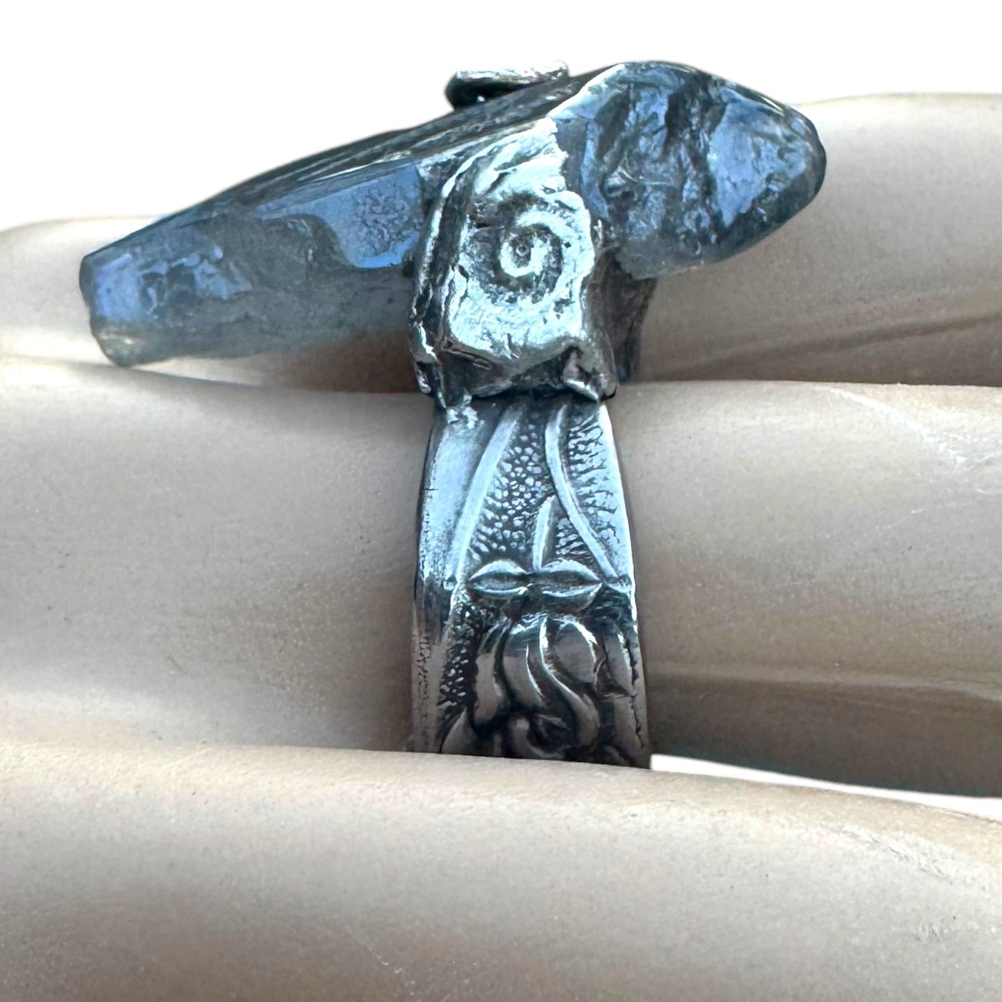 Blue Quartz Statement Ring Stainless Steel Spoon Handle & Brutalist Blend Metalwork Size 9
