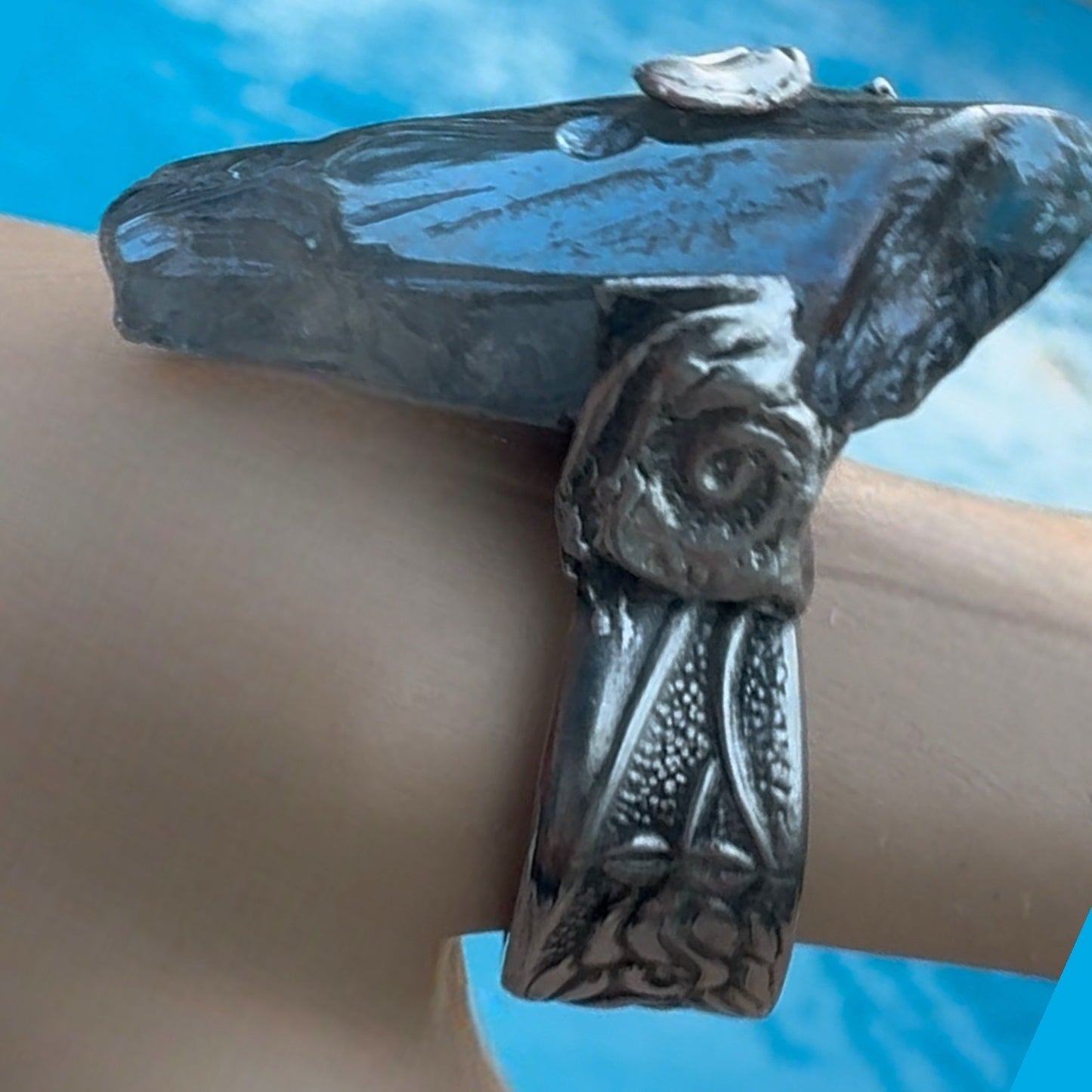 Blue Quartz Statement Ring Stainless Steel Spoon Handle & Brutalist Blend Metalwork Size 9