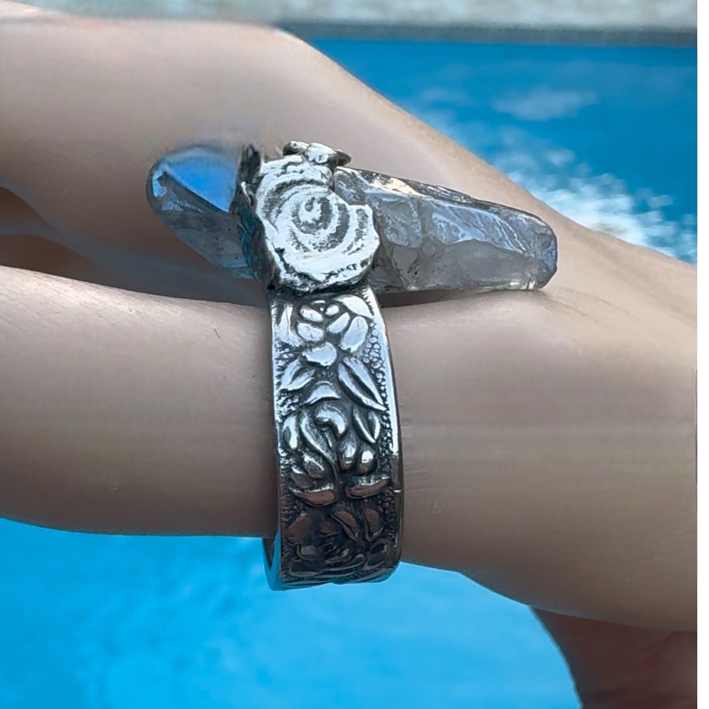 Blue Quartz Statement Ring Stainless Steel Spoon Handle & Brutalist Blend Metalwork Size 9