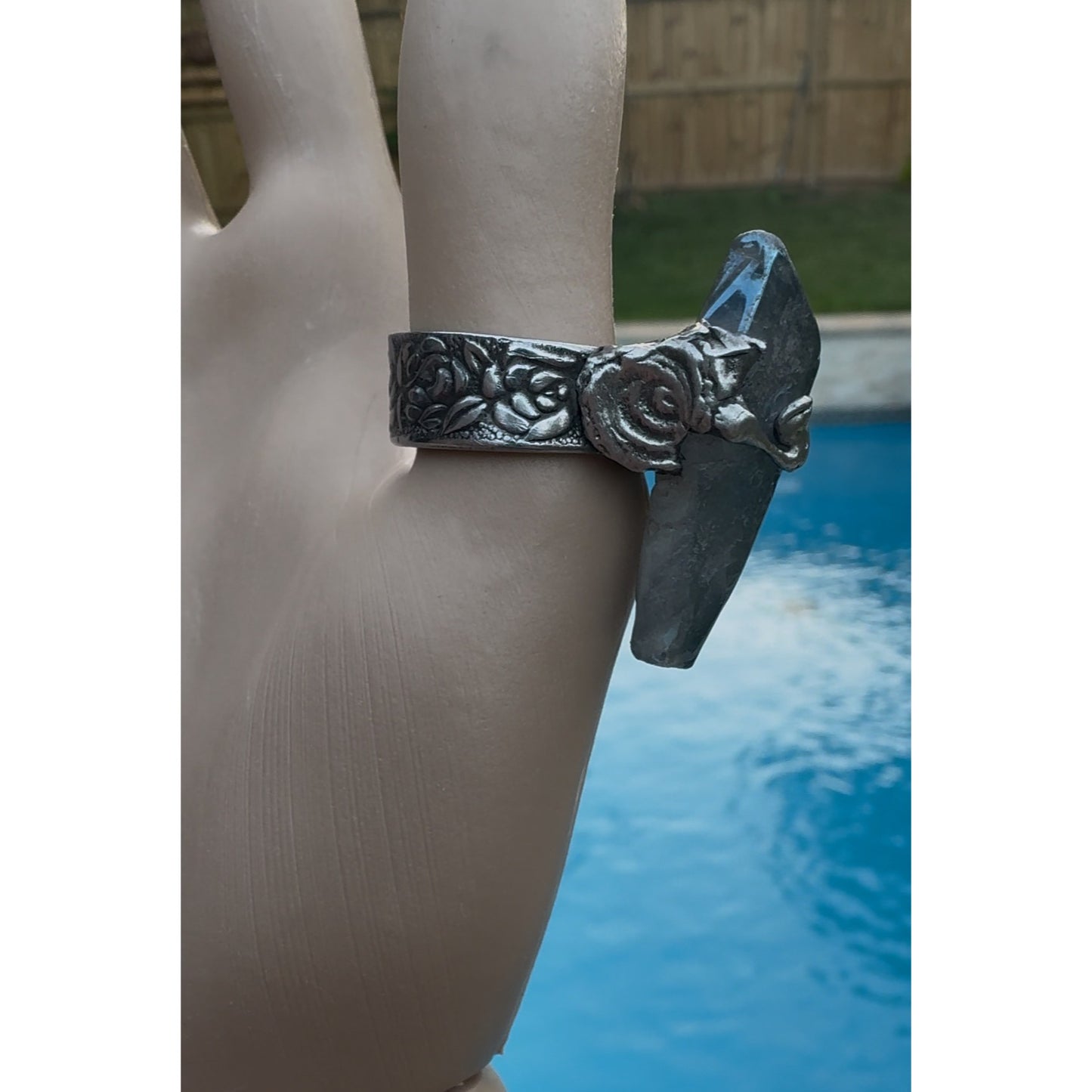 Blue Quartz Statement Ring Stainless Steel Spoon Handle & Brutalist Blend Metalwork Size 9
