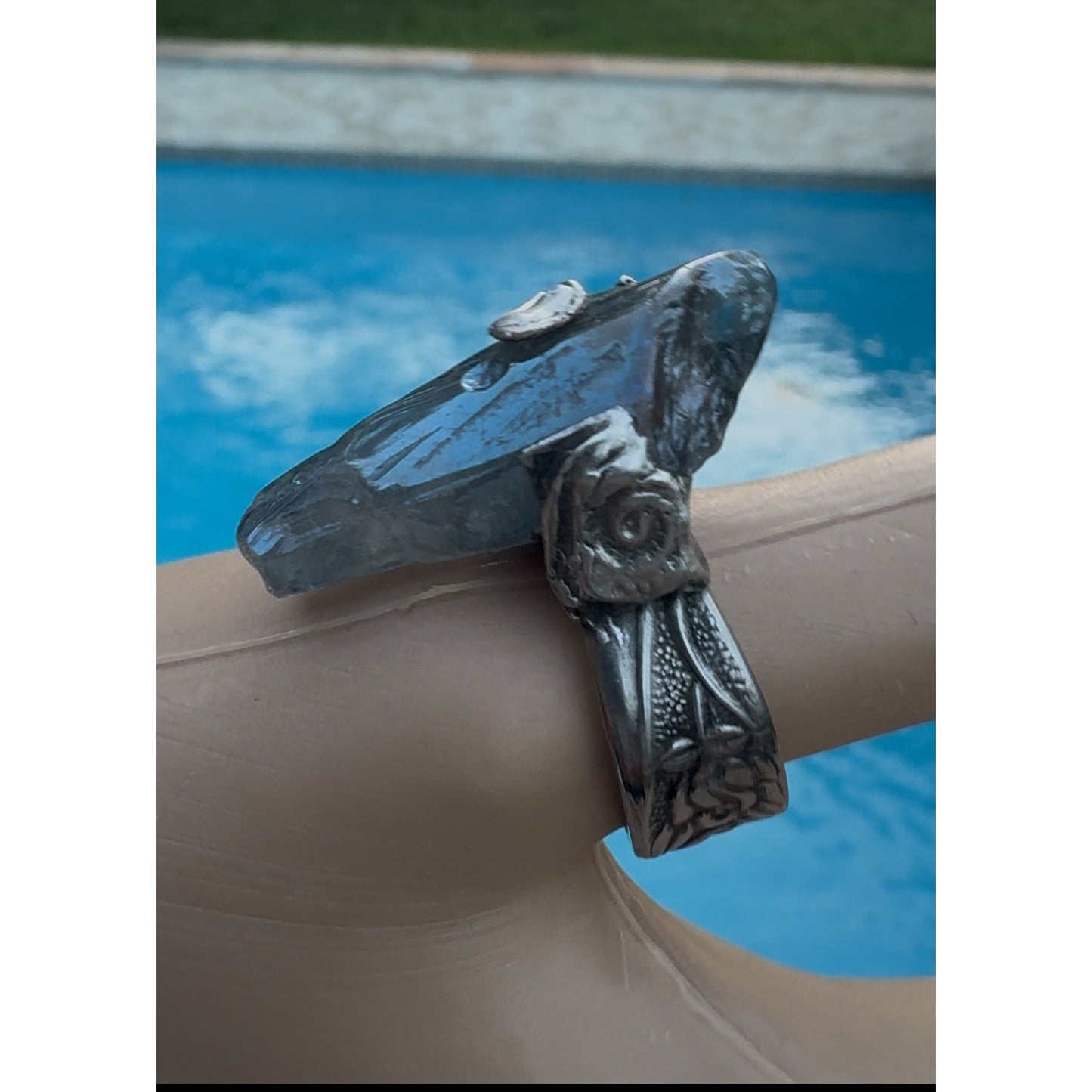 Blue Quartz Statement Ring Stainless Steel Spoon Handle & Brutalist Blend Metalwork Size 9