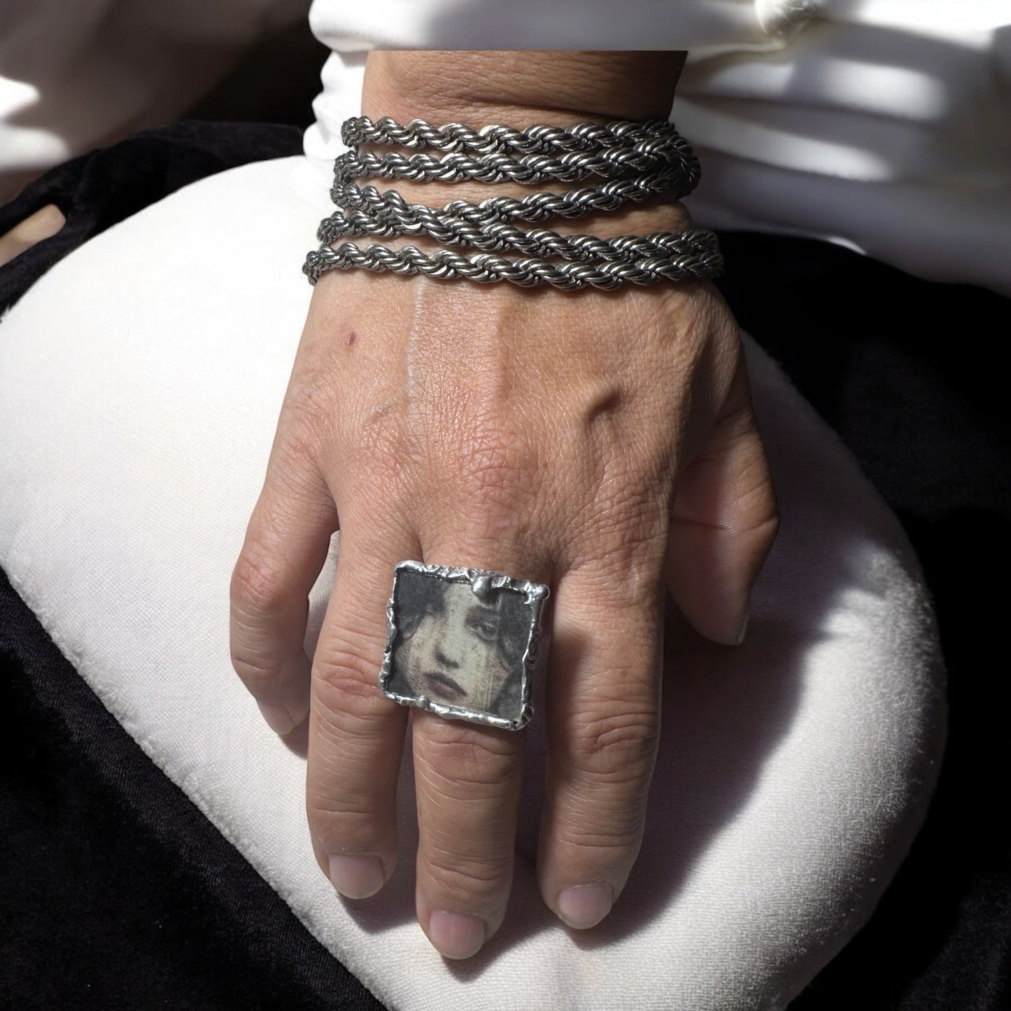 Handcrafted Artisan Silver & Glass Statement Ring Abstract Woman Portrait Design