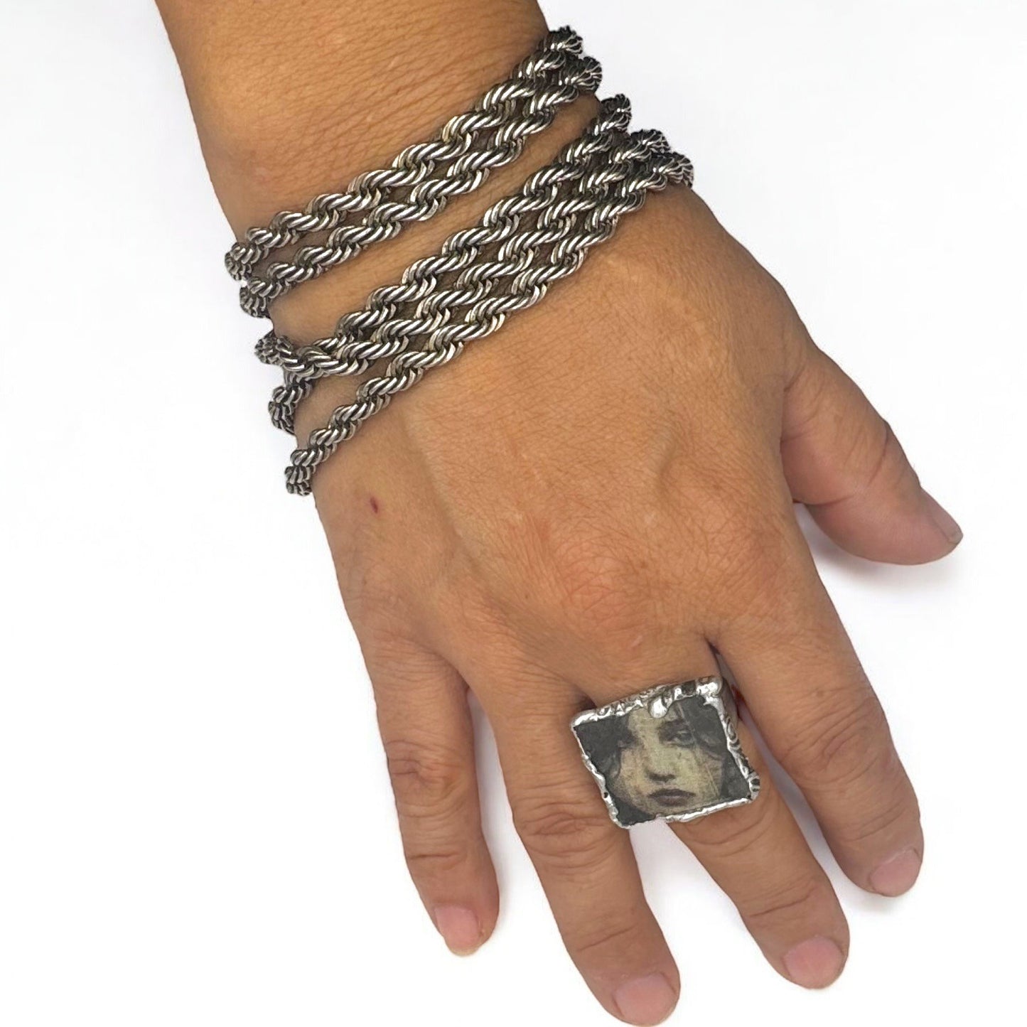Handcrafted Artisan Silver & Glass Statement Ring Abstract Woman Portrait Design
