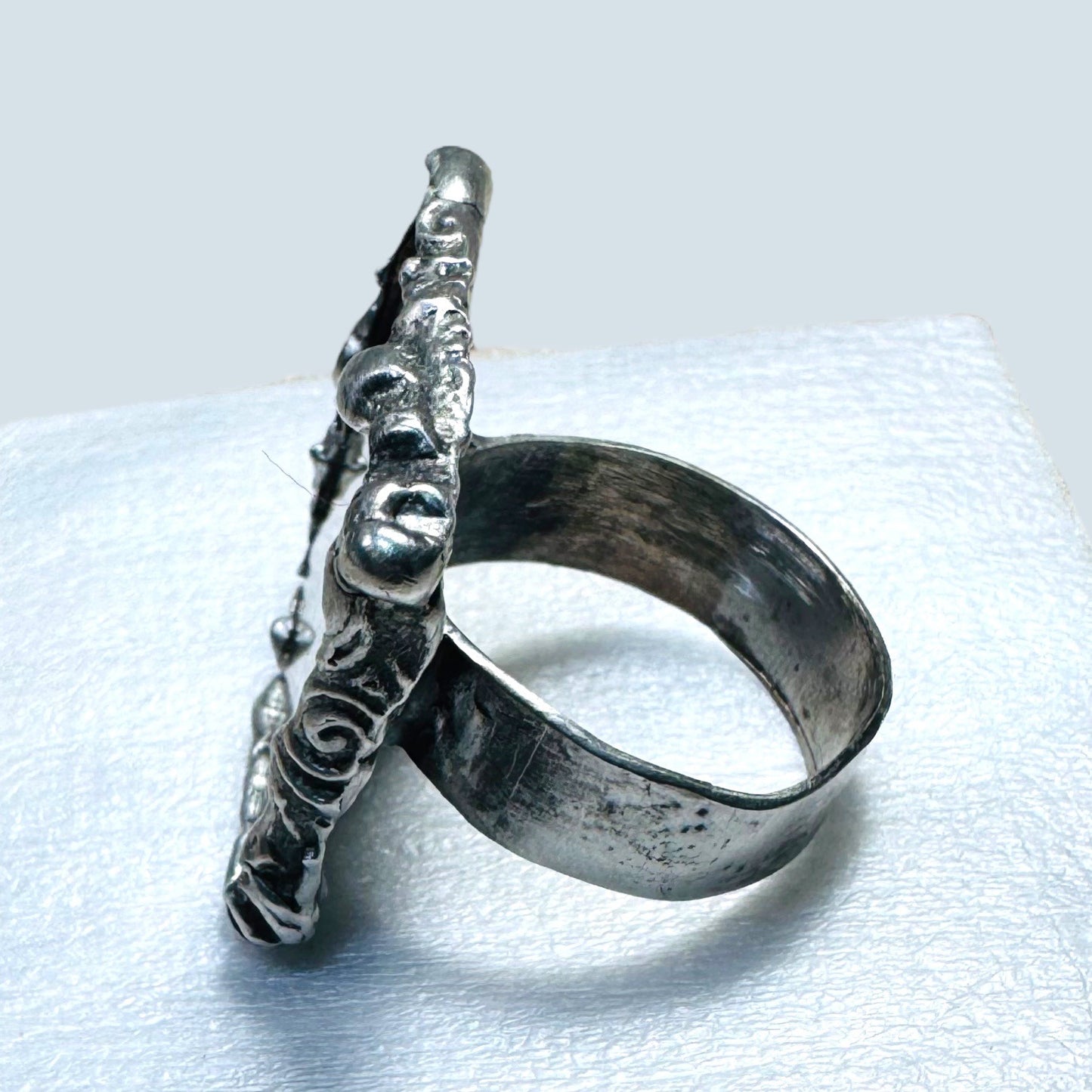 Handcrafted Artisan Silver & Glass Statement Ring Abstract Woman Portrait Design