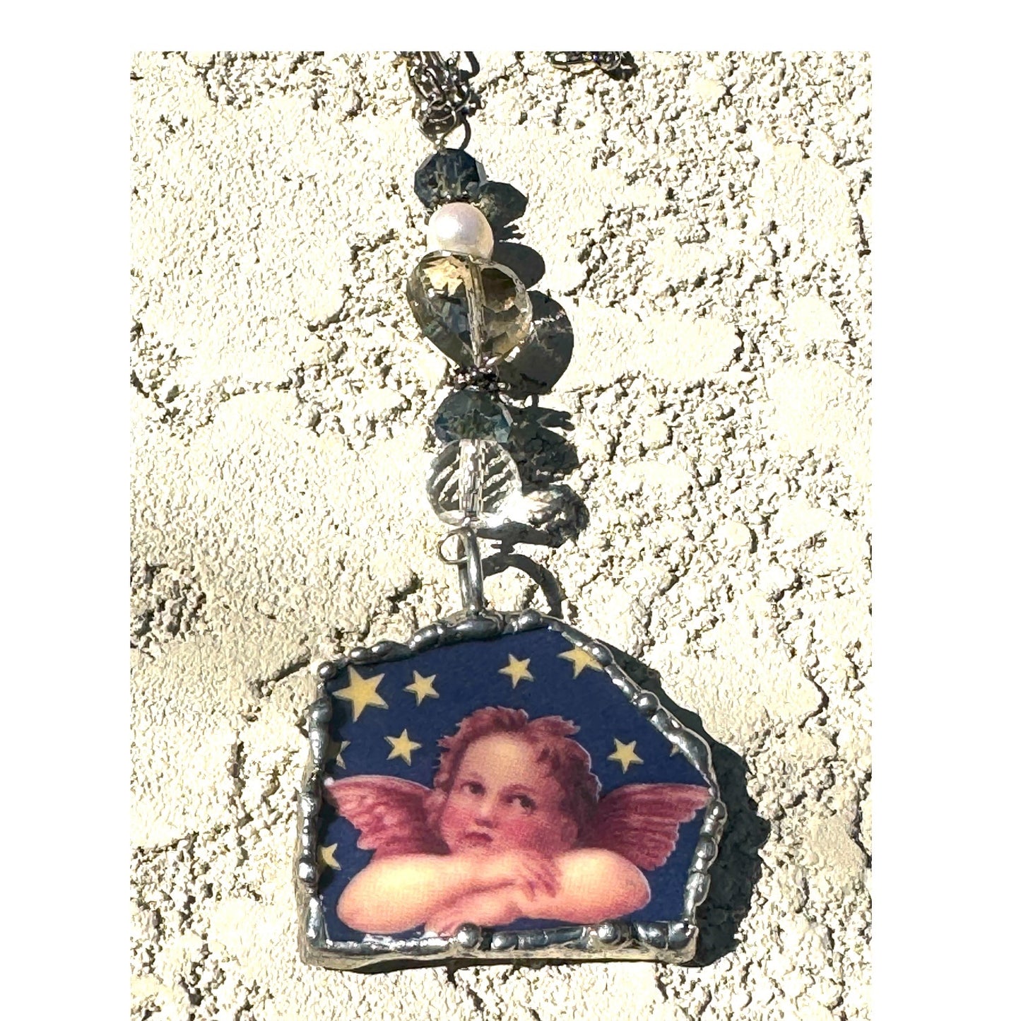 Cherub Broken China Pendant Caged in Silver Blend Bezel & Crystal Beads
