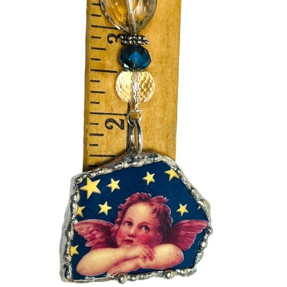 Cherub Broken China Pendant Caged in Silver Blend Bezel & Crystal Beads