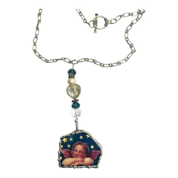 Cherub Broken China Pendant Caged in Silver Blend Bezel & Crystal Beads