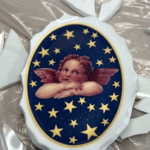 Cherub Broken China Pendant Caged in Silver Blend Bezel & Crystal Beads
