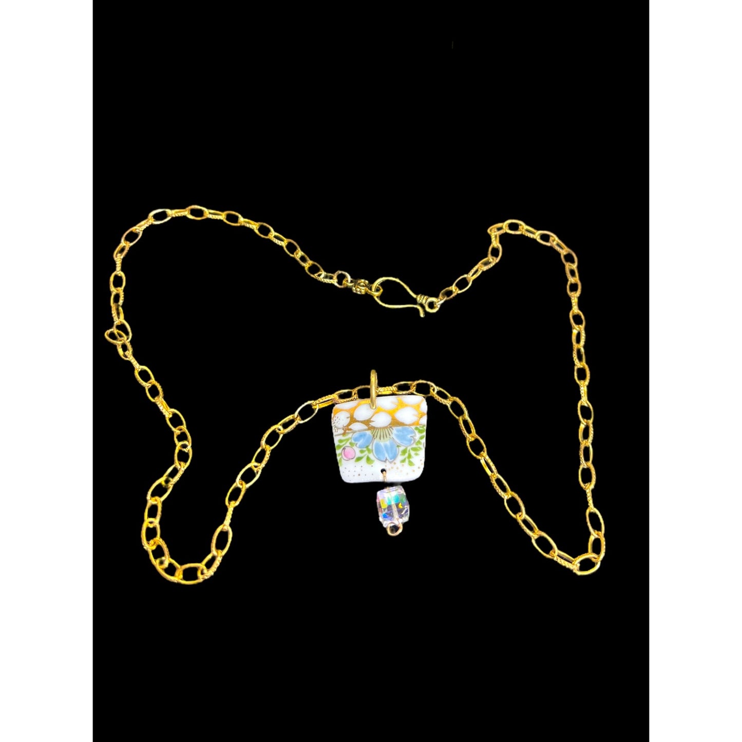 Broken China Pendant Necklace With Gold Tone Chain & Crystal Bead