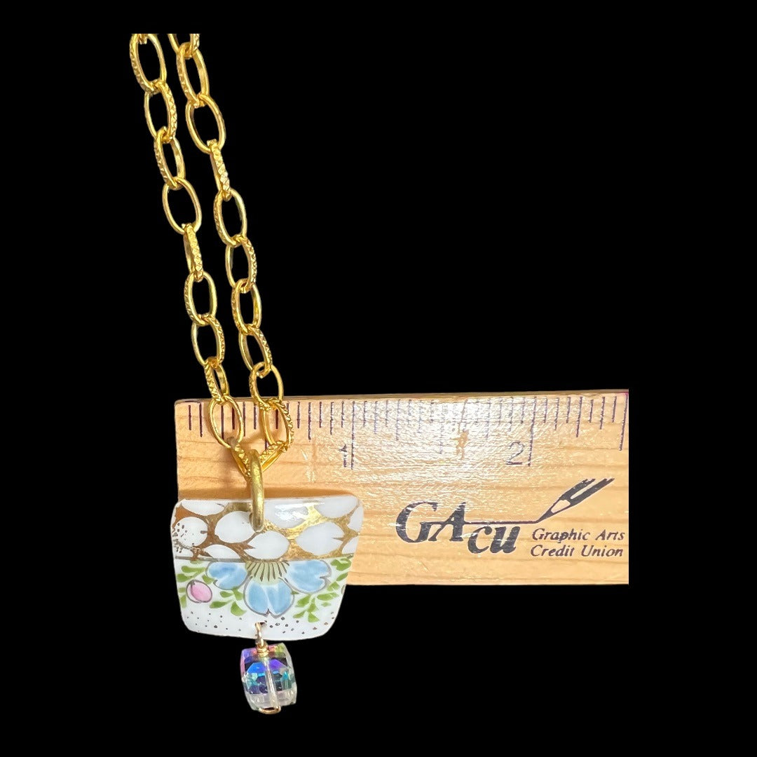 Broken China Pendant Necklace With Gold Tone Chain & Crystal Bead