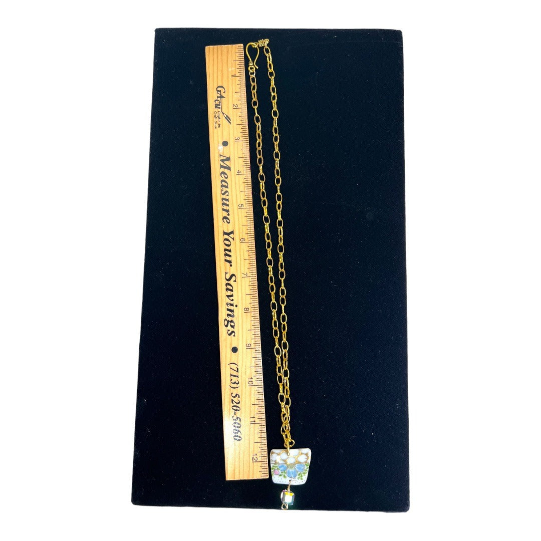 Broken China Pendant Necklace With Gold Tone Chain & Crystal Bead