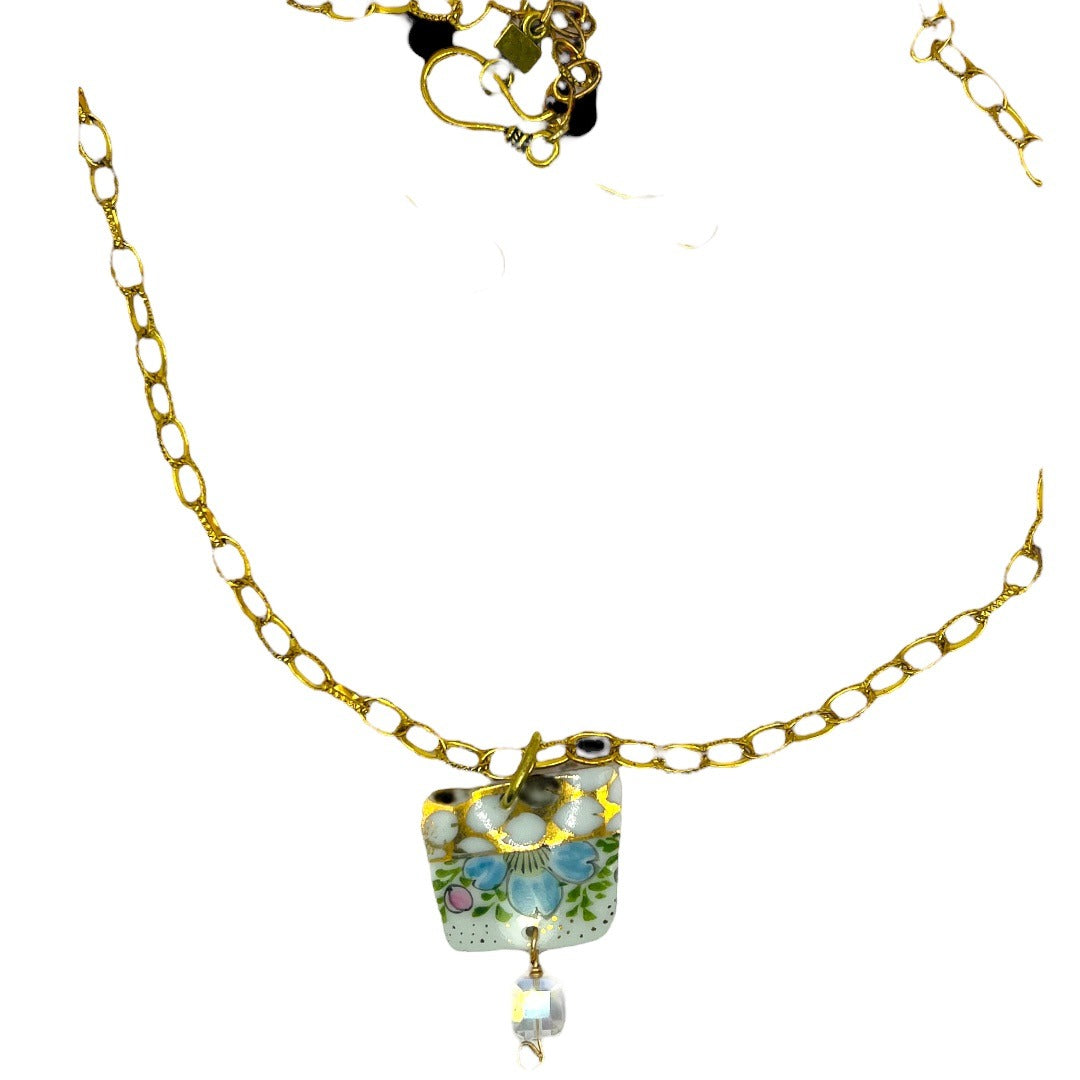Broken China Pendant Necklace With Gold Tone Chain & Crystal Bead