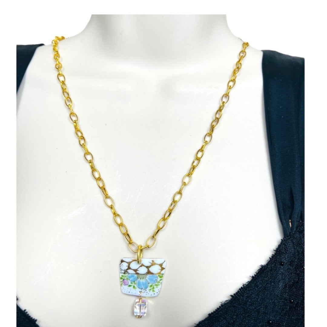 Broken China Pendant Necklace With Gold Tone Chain & Crystal Bead
