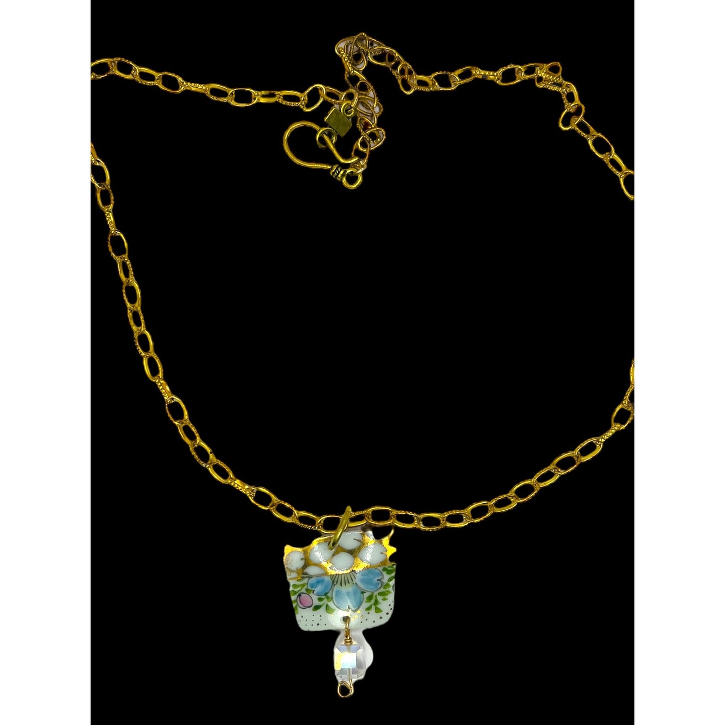 Broken China Pendant Necklace With Gold Tone Chain & Crystal Bead