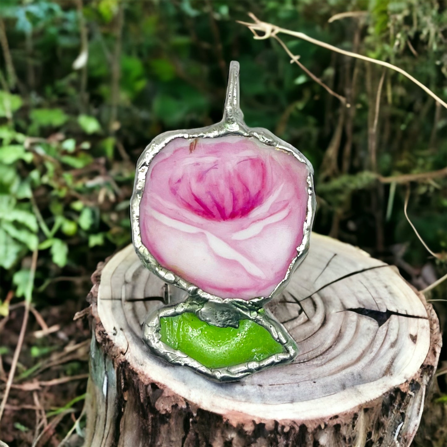 Pendant made from Fragments of English Bone China, Sea Glass and Boho Metalwork