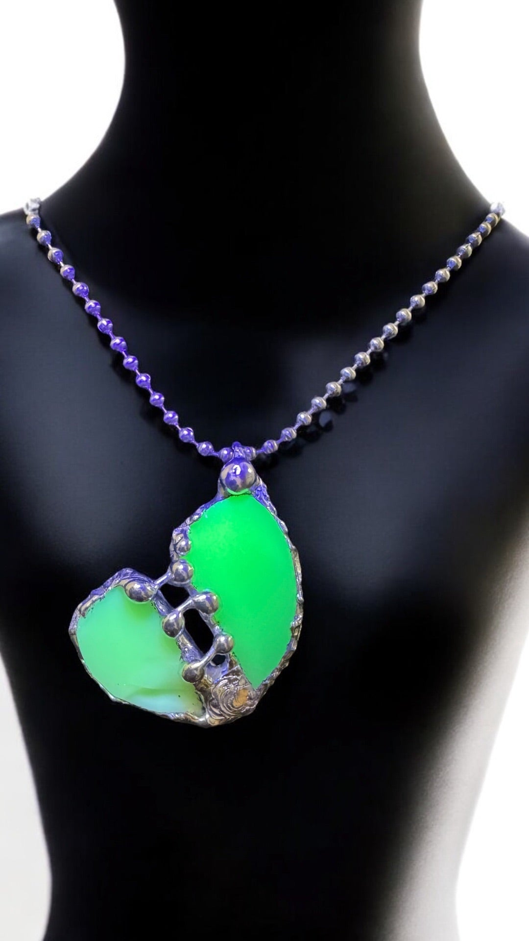 Artisan Uranium Glass & Boho Metalwork Heart Pendant "The Mended Heart"