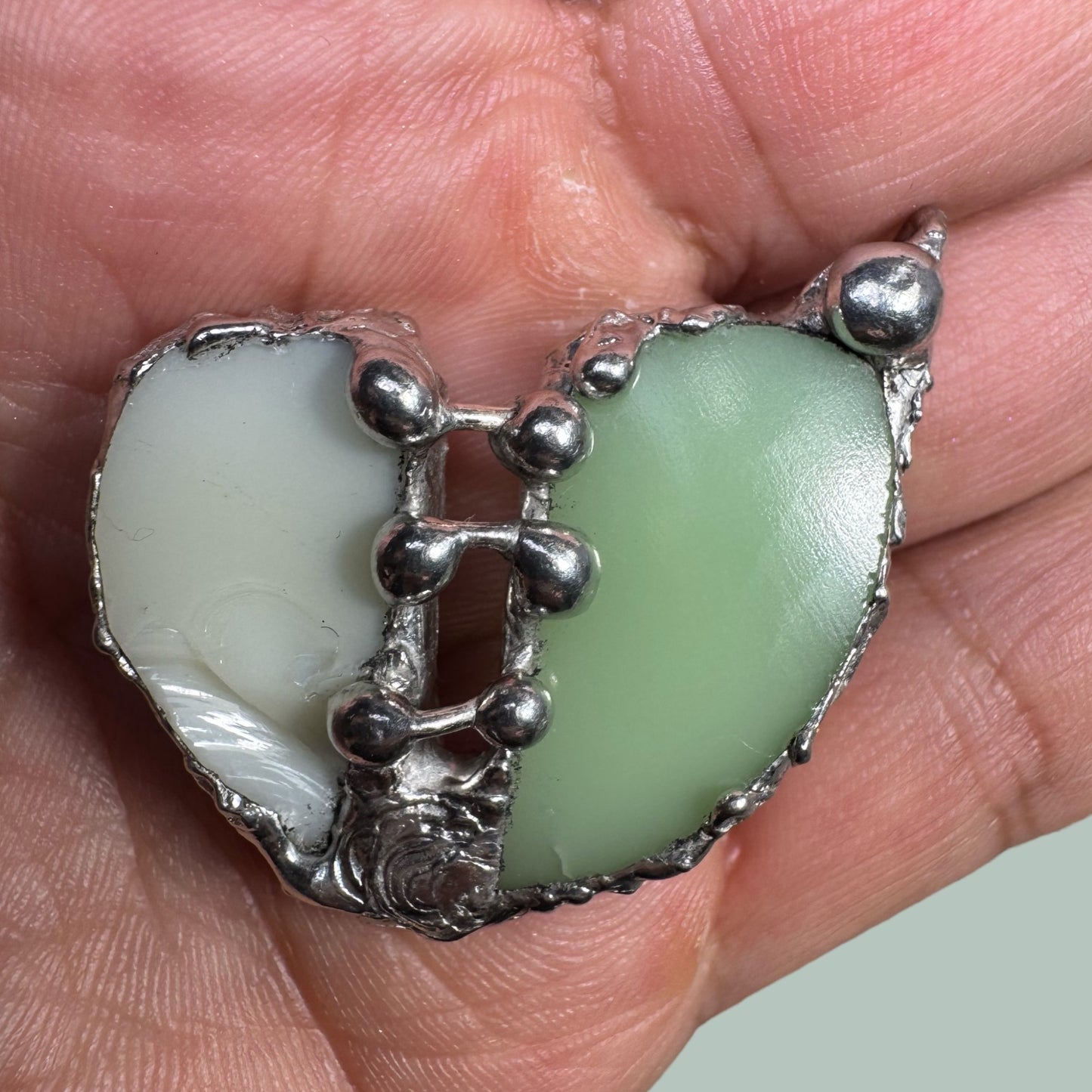 Artisan Uranium Glass & Boho Metalwork Heart Pendant "The Mended Heart"