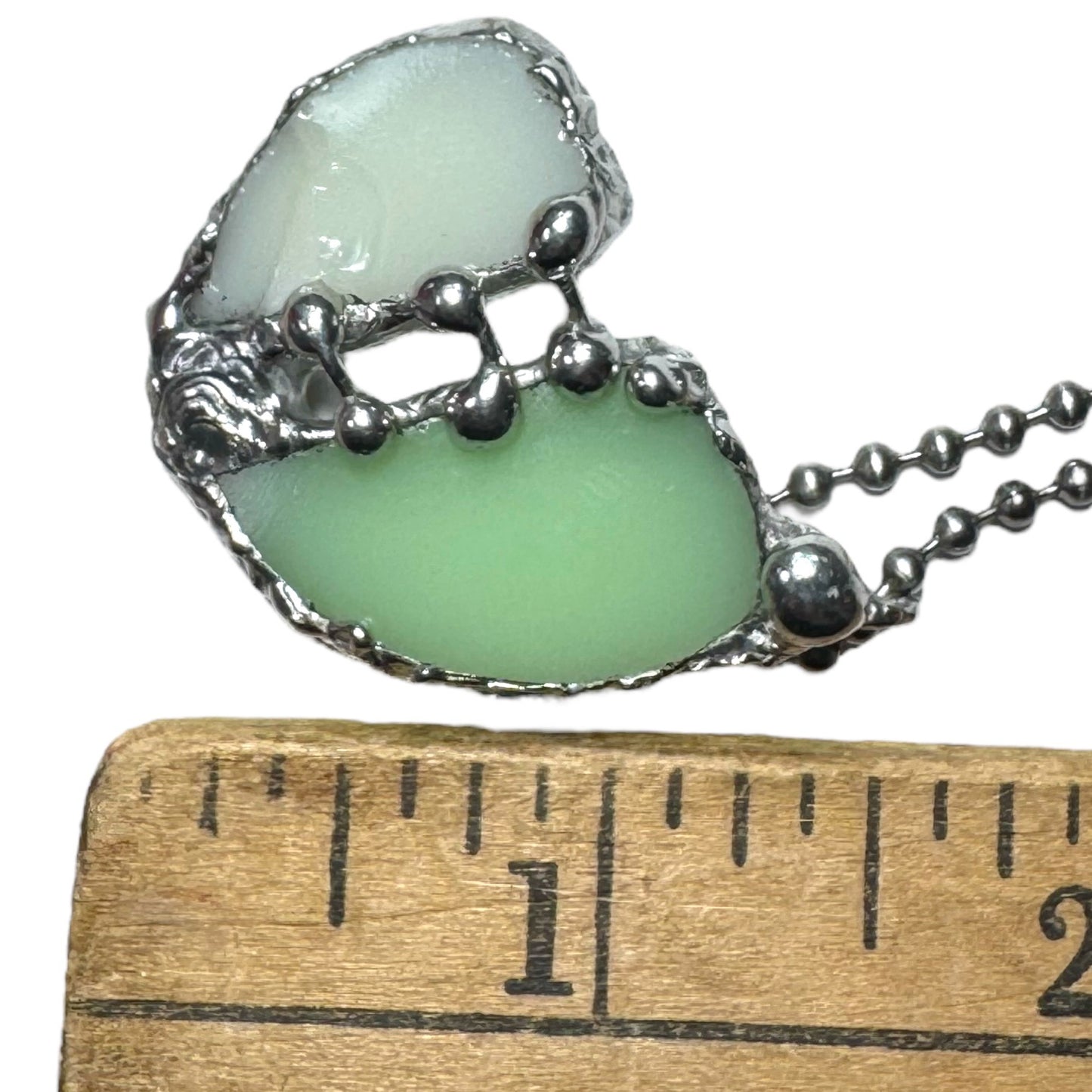 Artisan Uranium Glass & Boho Metalwork Heart Pendant "The Mended Heart"