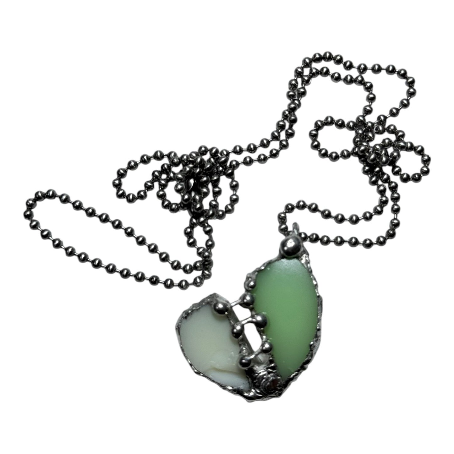 Artisan Uranium Glass & Boho Metalwork Heart Pendant "The Mended Heart"