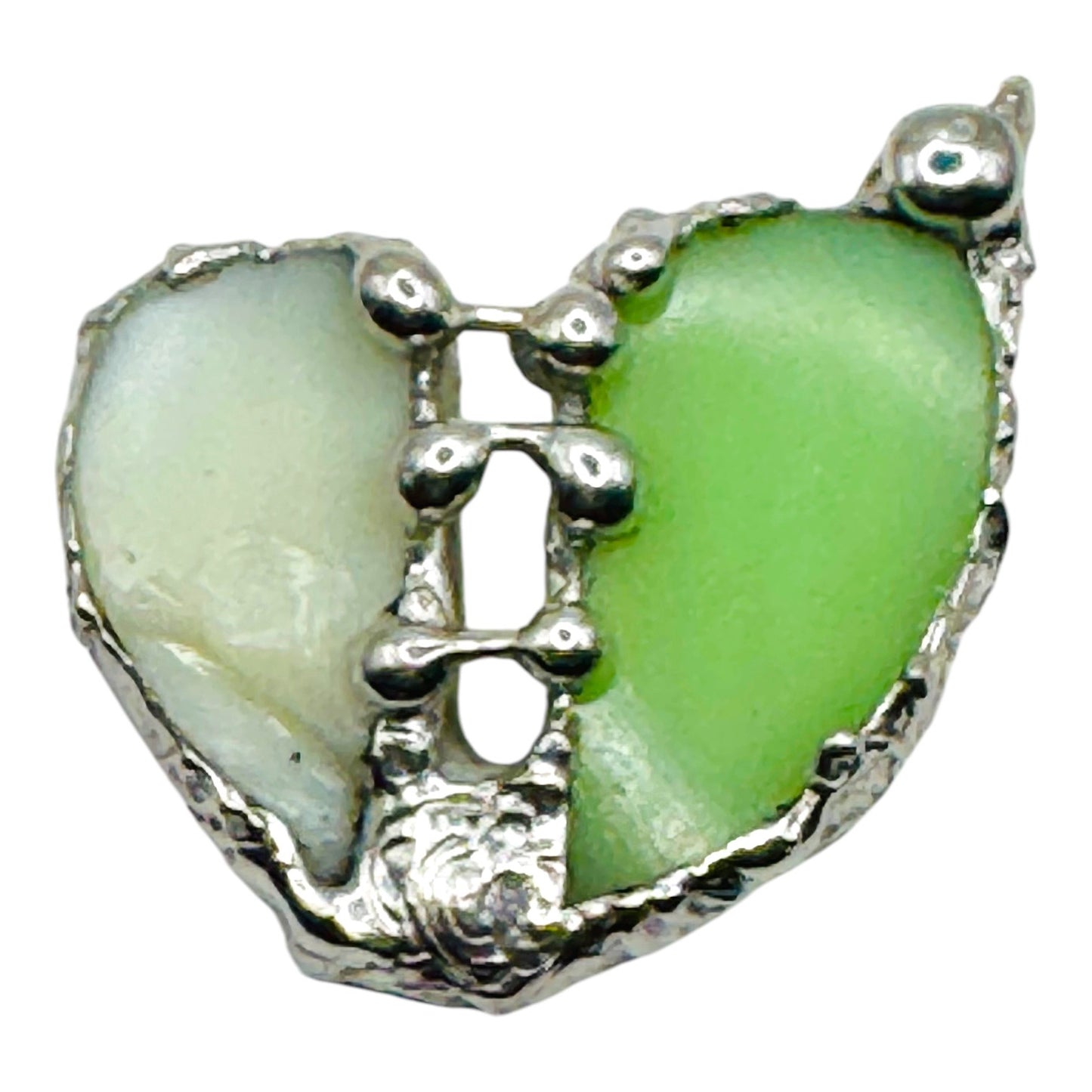 Artisan Uranium Glass & Boho Metalwork Heart Pendant "The Mended Heart"