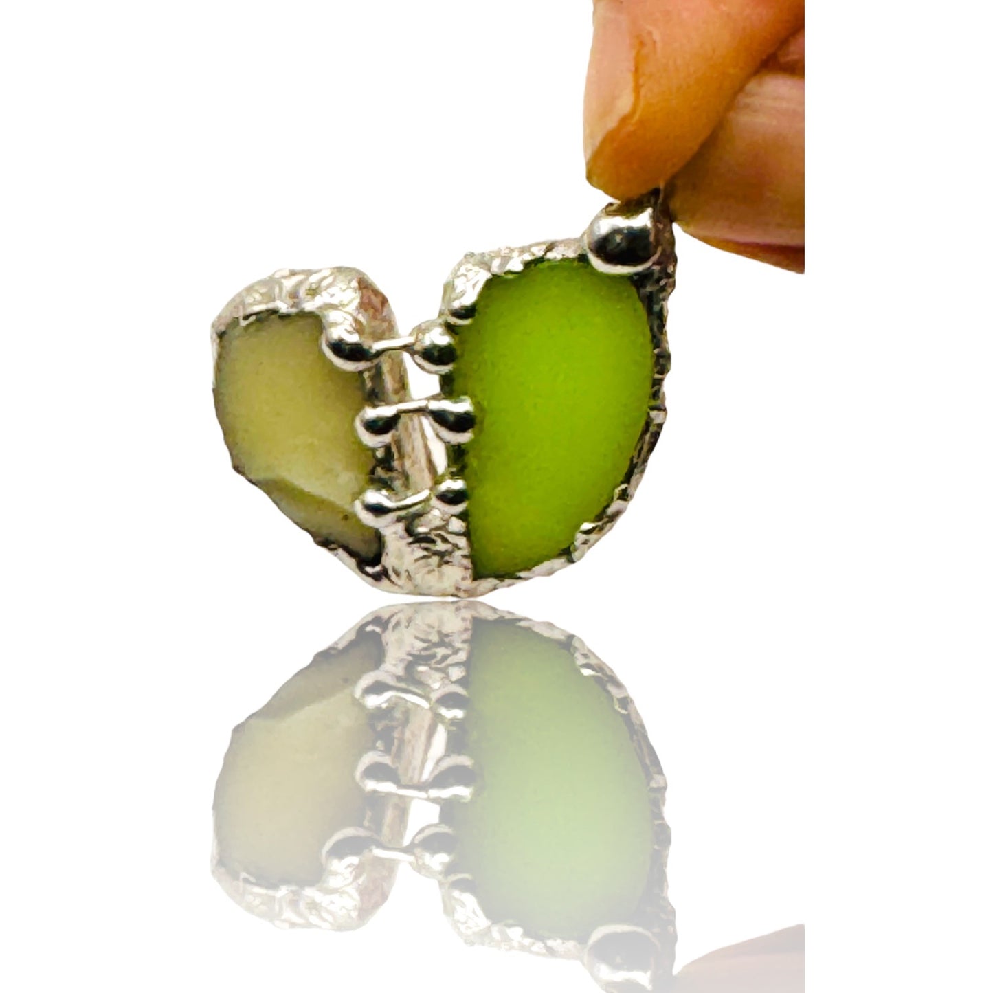 Artisan Uranium Glass & Boho Metalwork Heart Pendant "The Mended Heart"