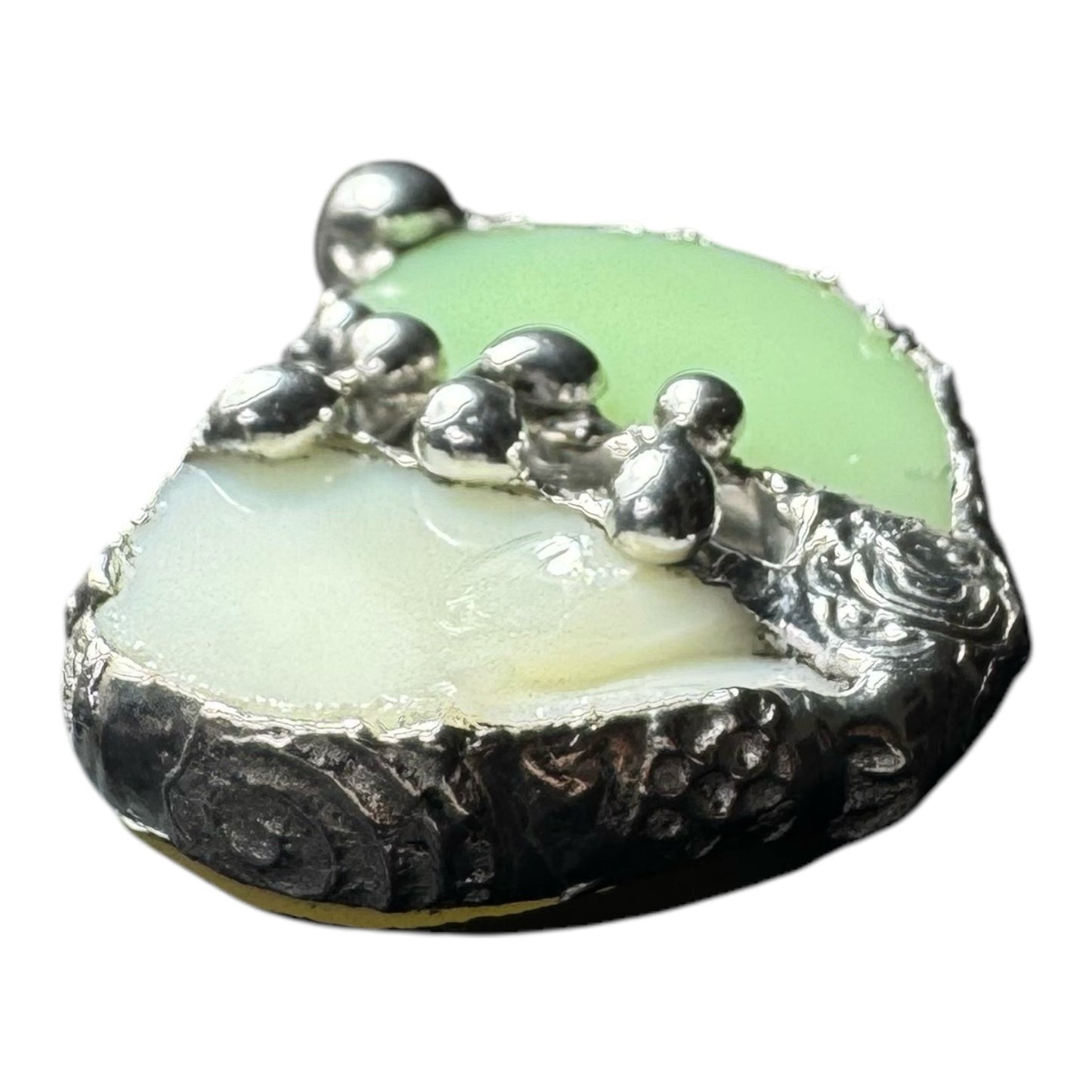 Artisan Uranium Glass & Boho Metalwork Heart Pendant "The Mended Heart"
