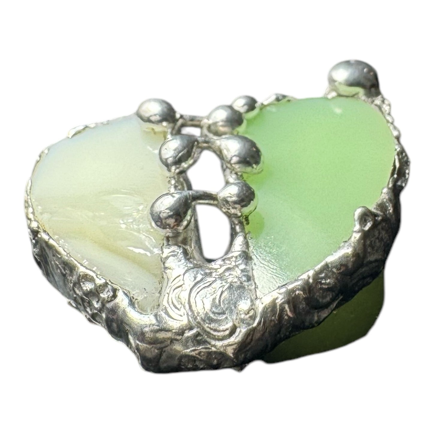 Artisan Uranium Glass & Boho Metalwork Heart Pendant "The Mended Heart"