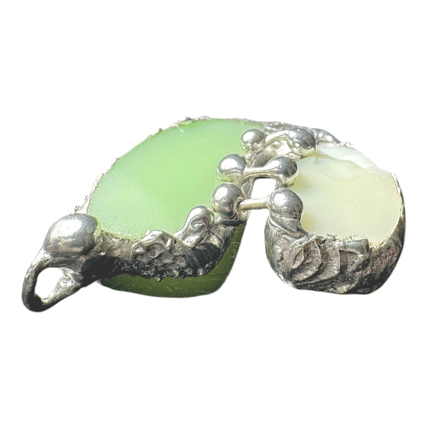 Artisan Uranium Glass & Boho Metalwork Heart Pendant "The Mended Heart"