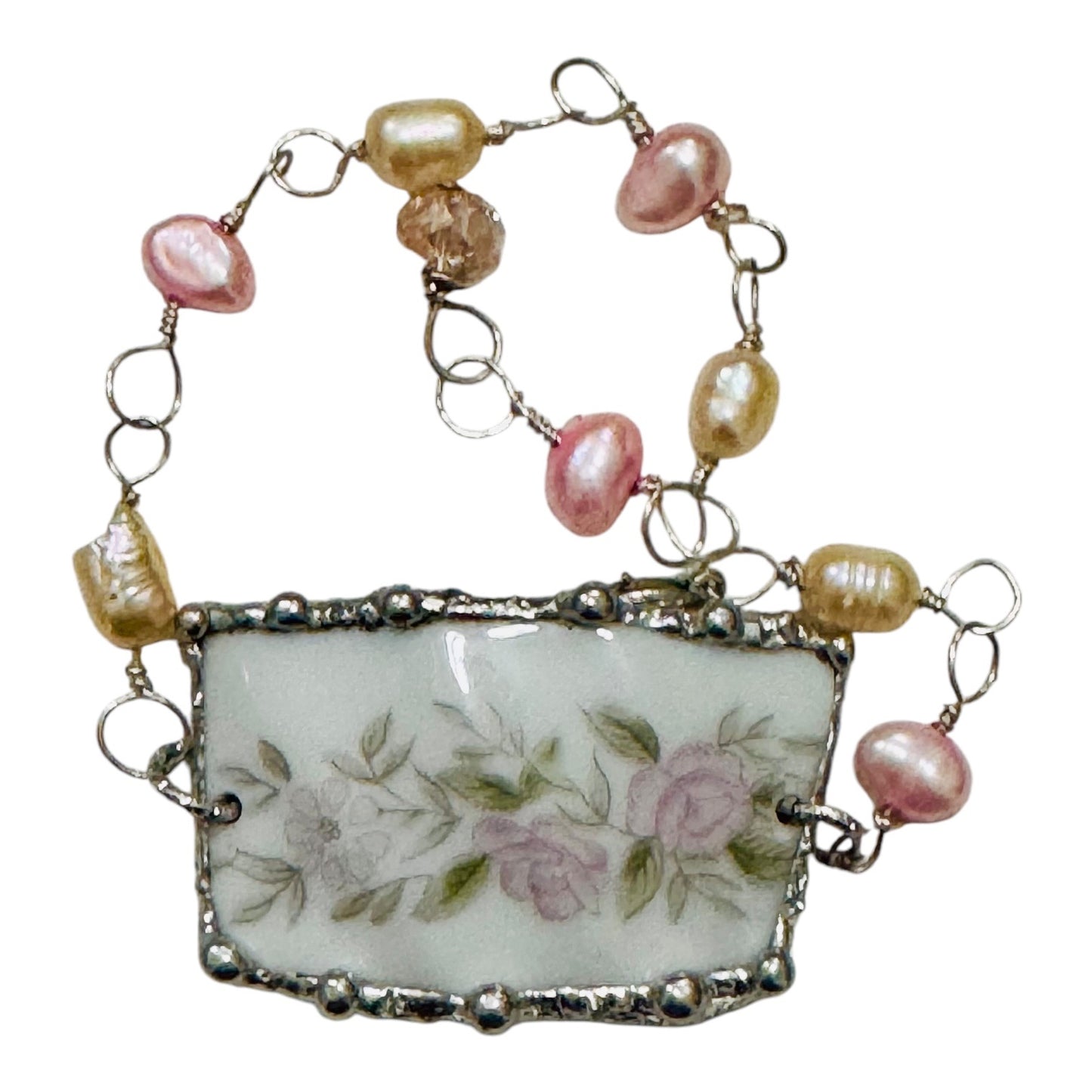 Broken Fine Japan Teacup Bracelet caged with Silver blend Artisan Metalwork and Wire Hand-wrapped Freshwater Pearls