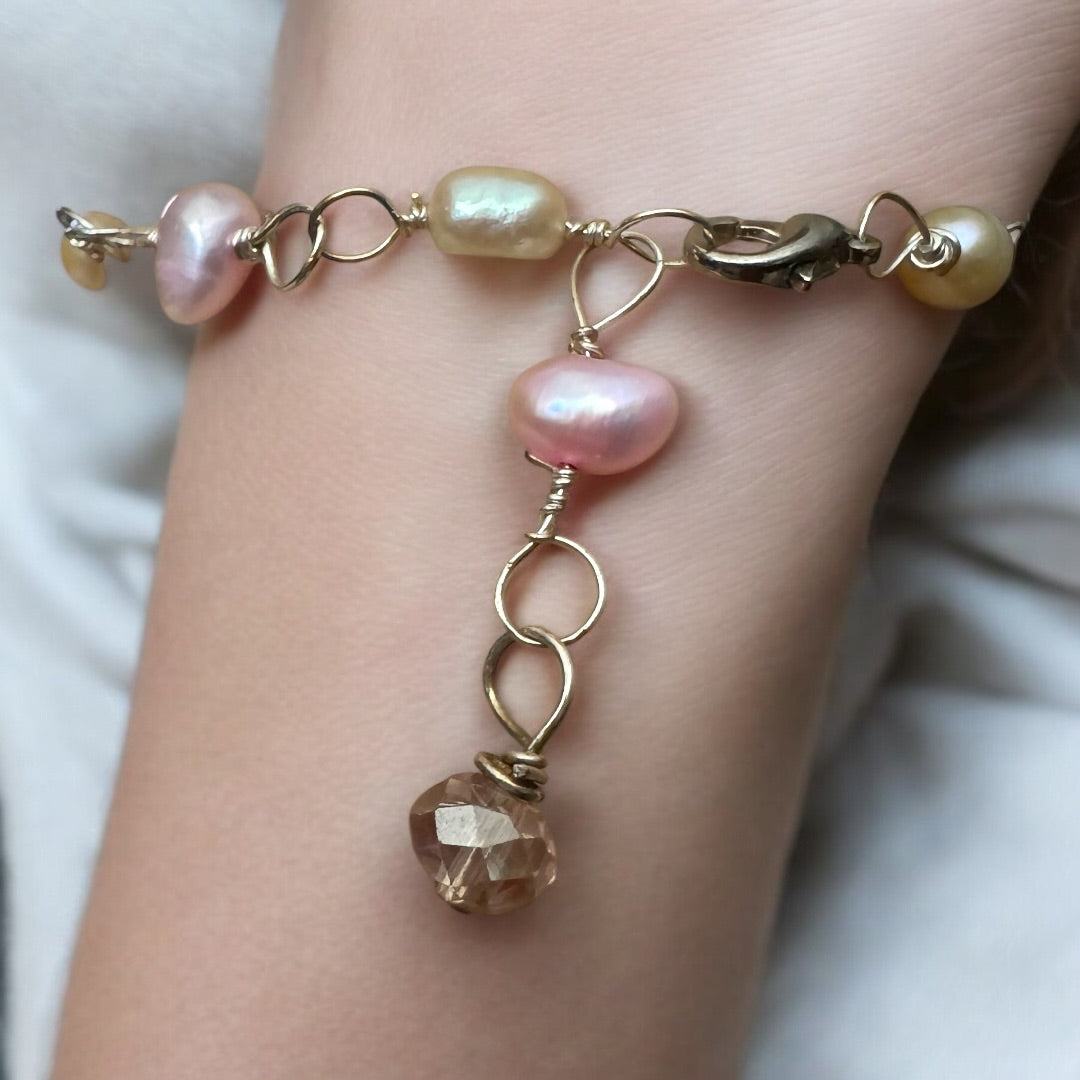 Broken Fine Japan Teacup Bracelet caged with Silver blend Artisan Metalwork and Wire Hand-wrapped Freshwater Pearls